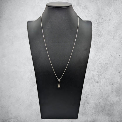 Eiffel Tower Silver Necklace on Display Stand