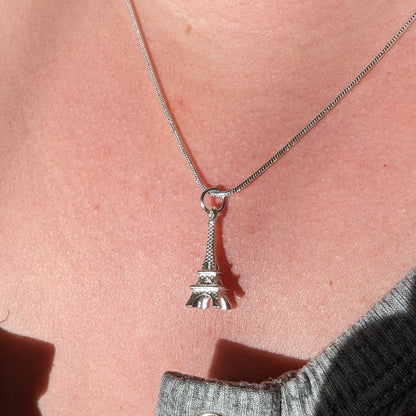 Eiffel Tower Silver Necklace on Body